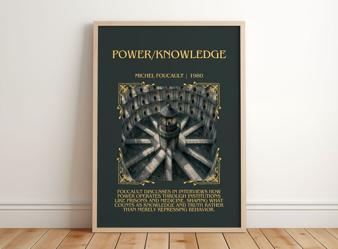 Power/knowledge Minimalist Book Poster by Michel Foucault – framed print leaning on a wooden floor