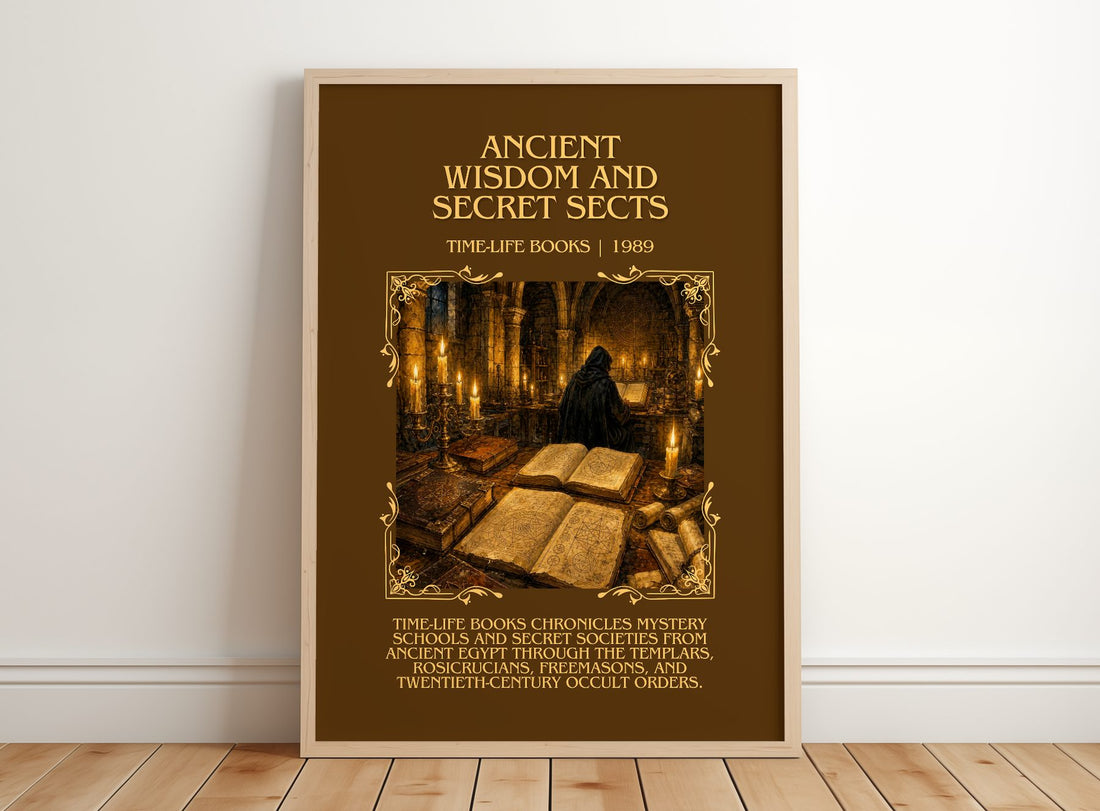 Ancient wisdom and secret sects Minimalist Book Poster by T. Books – framed print leaning on a wooden floor