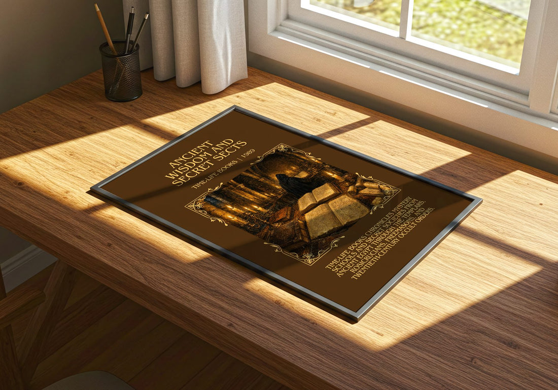 Ancient wisdom and secret sects Minimalist Book Poster by T. Books – print on a sunlit desk