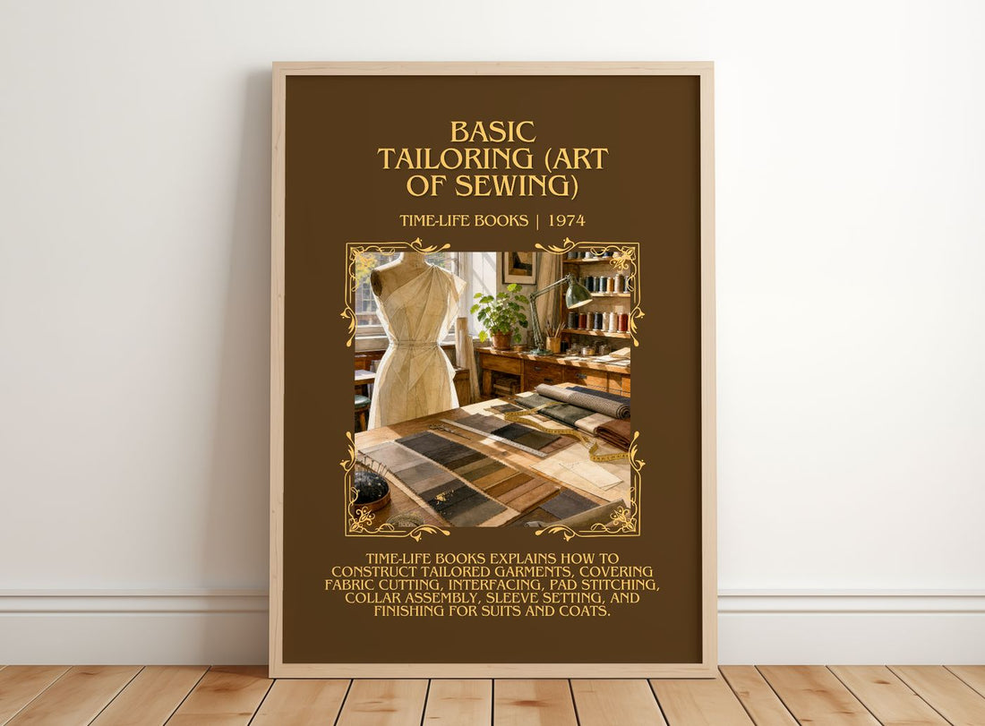 Basic Tailoring (Art of sewing) Minimalist Book Poster by T. Books – framed print leaning on a wooden floor