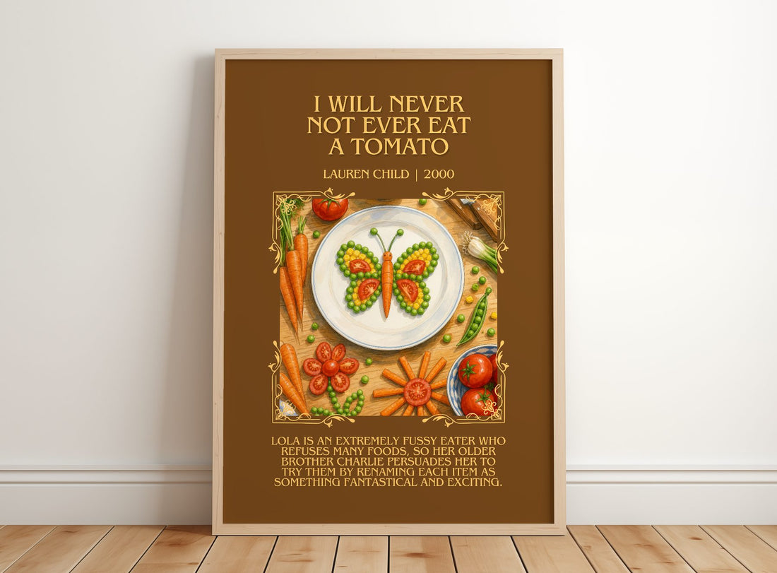 I will never not ever eat a tomato Minimalist Book Poster by L. Child – framed print leaning on a wooden floor