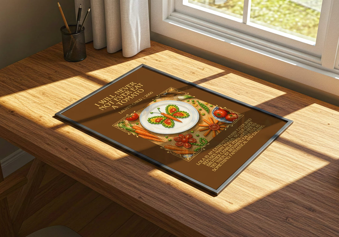 I will never not ever eat a tomato Minimalist Book Poster by L. Child – print on a sunlit desk
