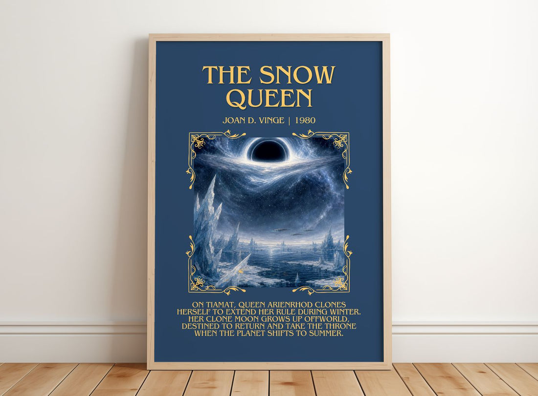 The Snow Queen Minimalist Book Poster by Joan D. Vinge – framed print leaning on a wooden floor