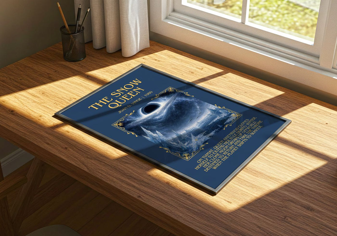 The Snow Queen Minimalist Book Poster by Joan D. Vinge – print on a sunlit desk