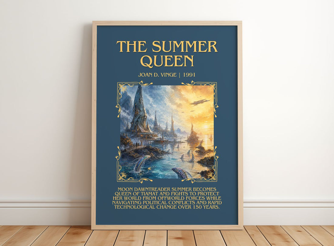 The Summer Queen Minimalist Book Poster by Joan D. Vinge – framed print leaning on a wooden floor