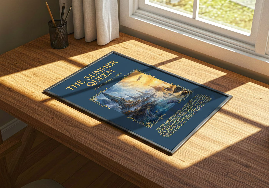 The Summer Queen Minimalist Book Poster by Joan D. Vinge – print on a sunlit desk