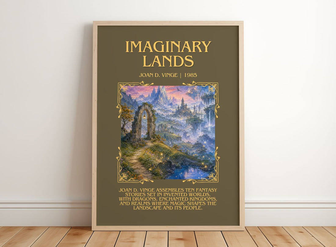 Imaginary Lands Minimalist Book Poster by Joan D. Vinge – framed print leaning on a wooden floor