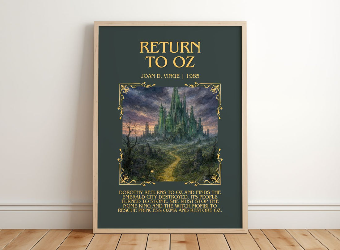 Return to Oz Minimalist Book Poster by Joan D. Vinge – framed print leaning on a wooden floor
