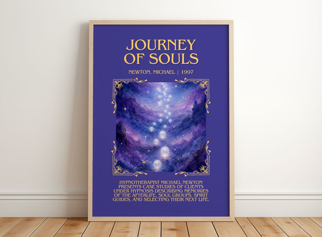 Journey of souls Minimalist Book Poster by Newton, Michael – framed print leaning on a wooden floor
