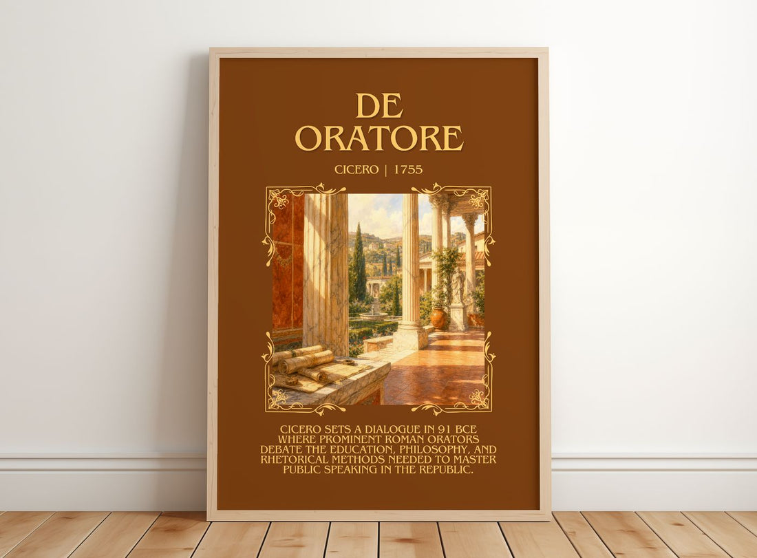 De oratore Minimalist Book Poster by Cicero – framed print leaning on a wooden floor