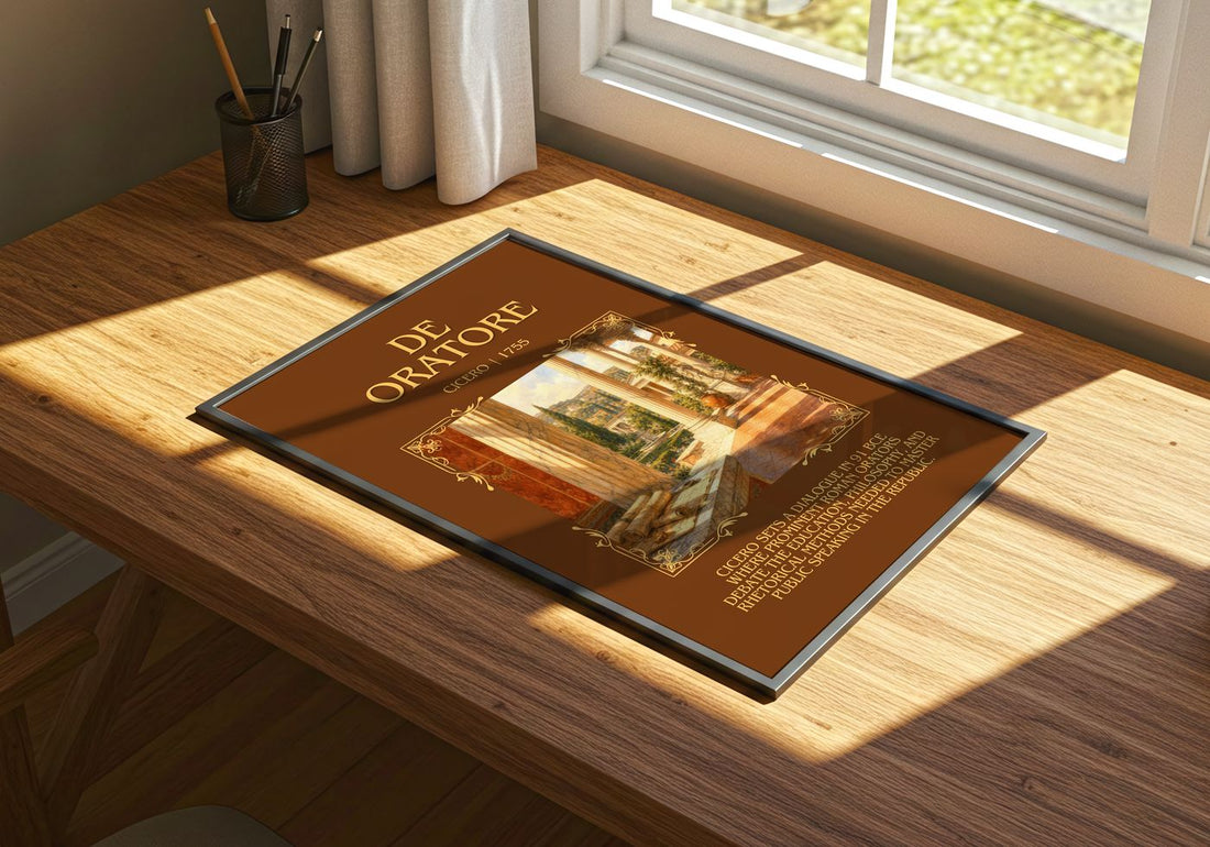 De oratore Minimalist Book Poster by Cicero – print on a sunlit desk