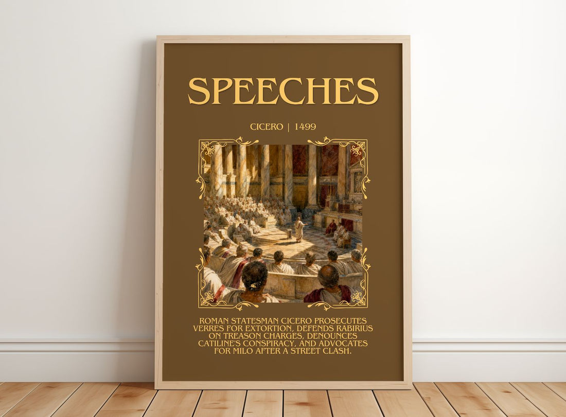 Speeches Minimalist Book Poster by Cicero – framed print leaning on a wooden floor