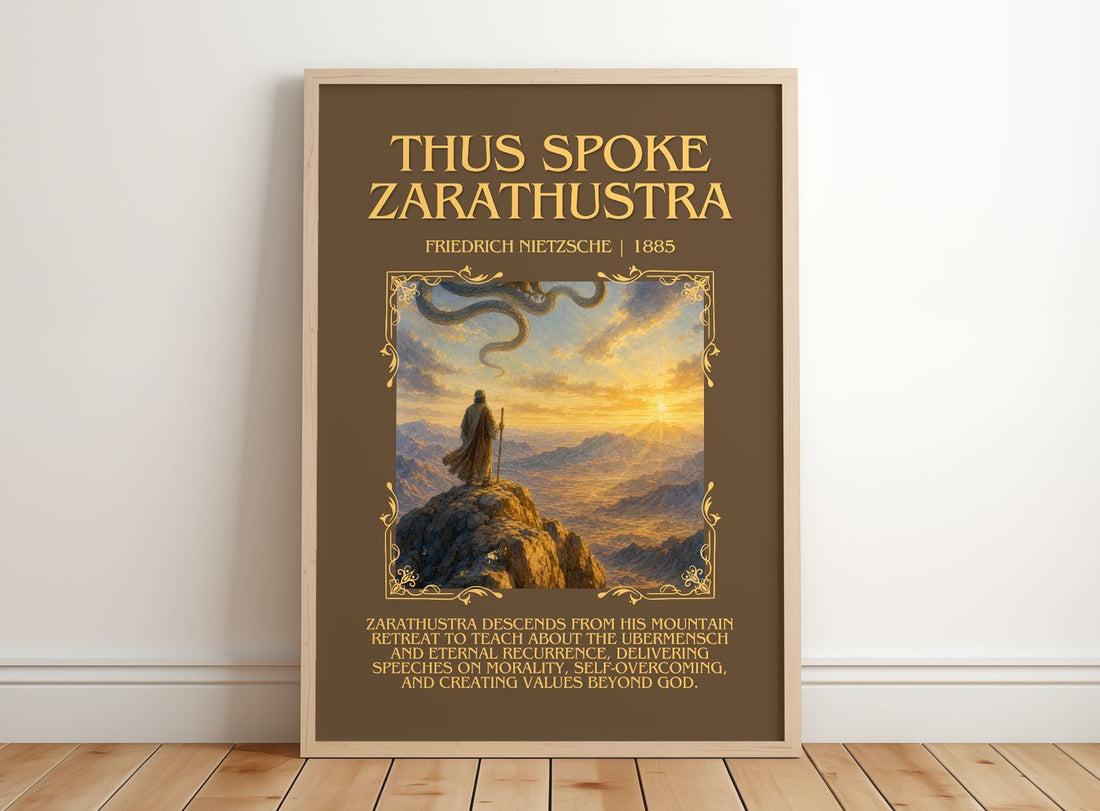 Thus Spoke Zarathustra Minimalist Book Poster by Friedrich Nietzsche – framed print leaning on a wooden floor