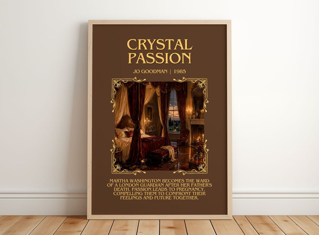 Crystal Passion Minimalist Book Poster by Jo Goodman – framed print leaning on a wooden floor