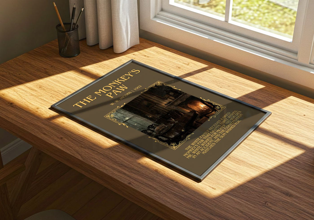 The monkey's paw Minimalist Book Poster by W. W. Jacobs – print on a sunlit desk
