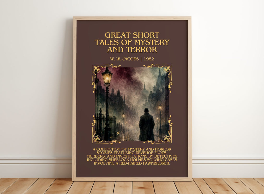 Great Short Tales of Mystery and Terror Minimalist Book Poster by W. W. Jacobs – framed print leaning on a wooden floor