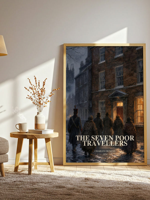 The Seven Poor Travellers watercolour print in frame leaning in hallway – classic literature wall art