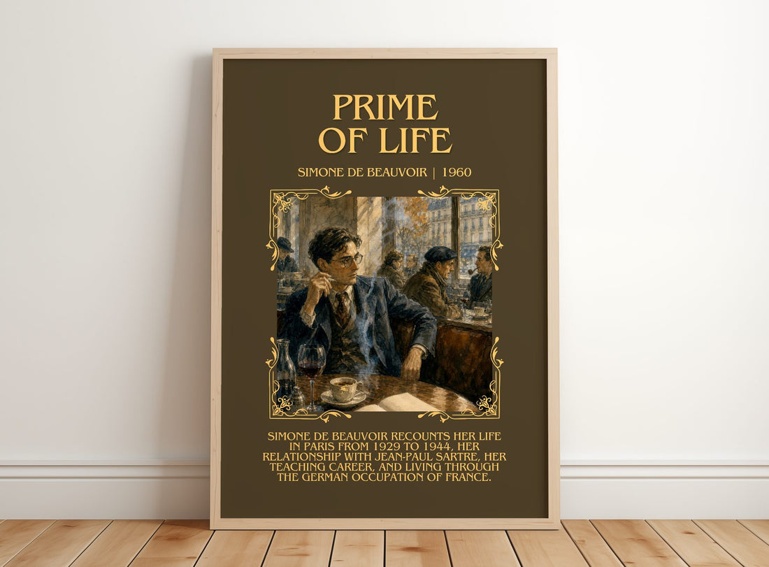 Prime of Life Minimalist Book Poster by Simone de Beauvoir – framed print leaning on a wooden floor