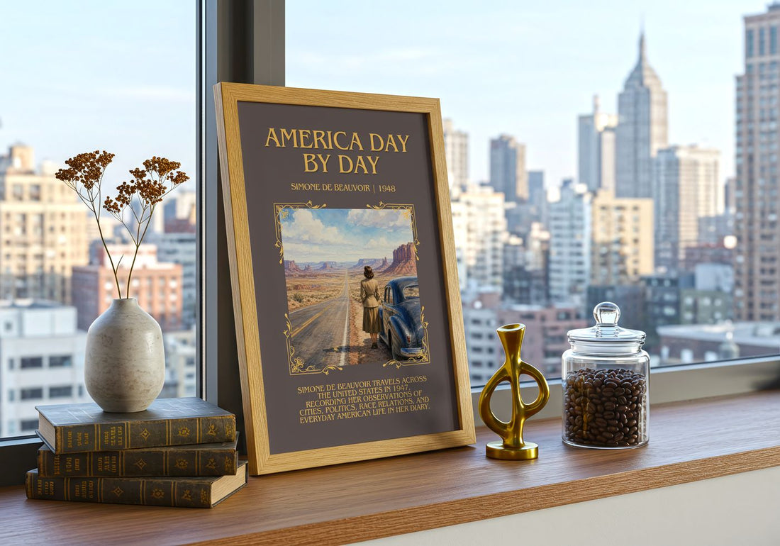 America Day by Day Minimalist Book Poster by Simone de Beauvoir – framed print on a city-view windowsill