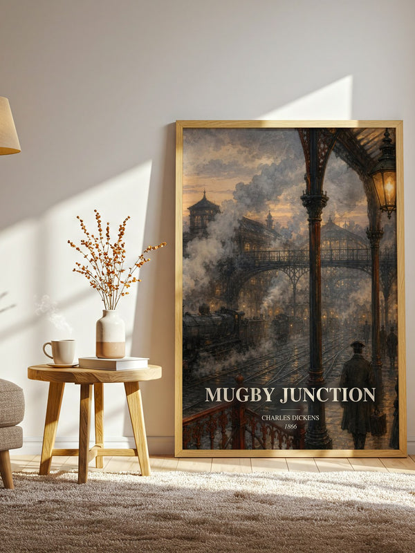 Mugby Junction watercolour print in frame leaning in hallway – classic literature wall art