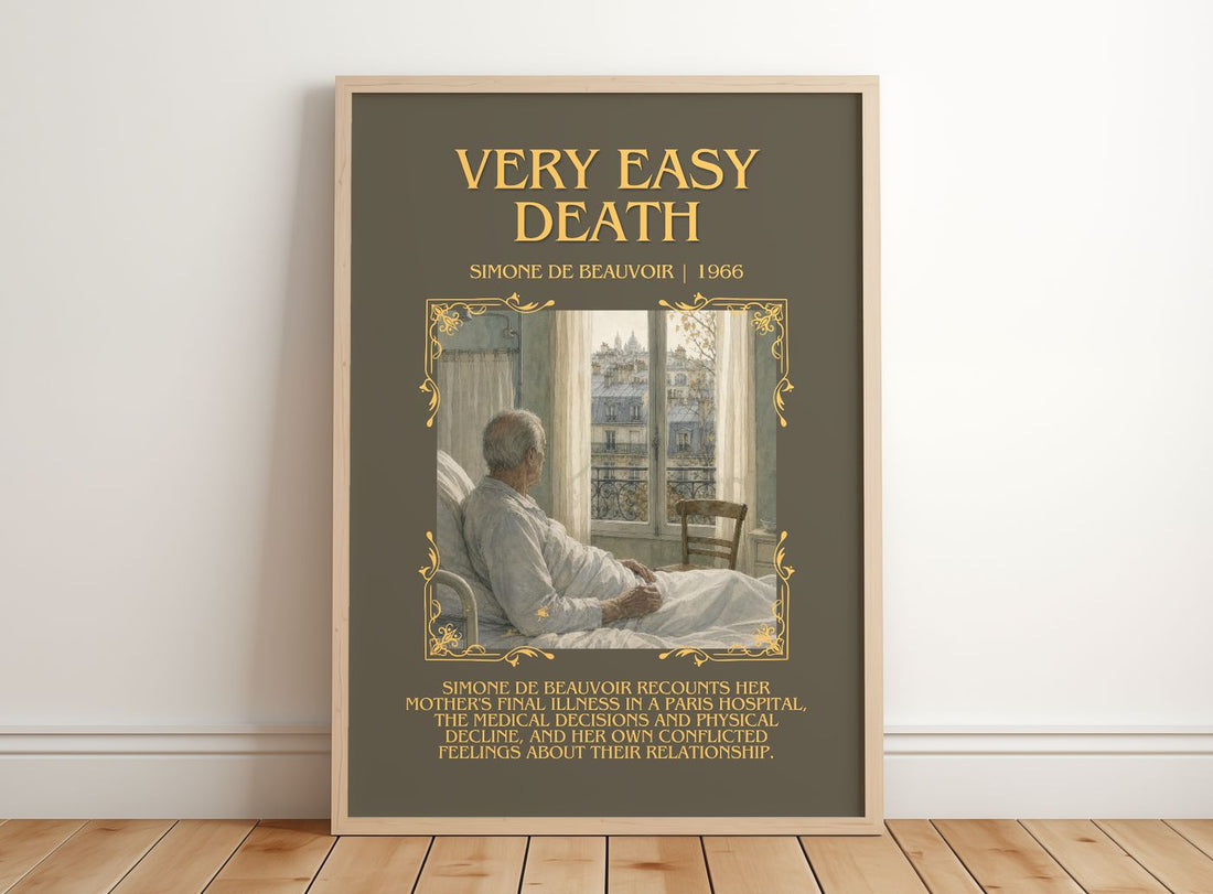 Very Easy Death Minimalist Book Poster by Simone de Beauvoir – framed print leaning on a wooden floor