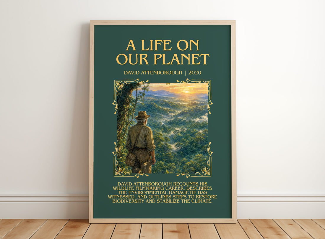 A Life on Our Planet Minimalist Book Poster by David Attenborough – framed print leaning on a wooden floor