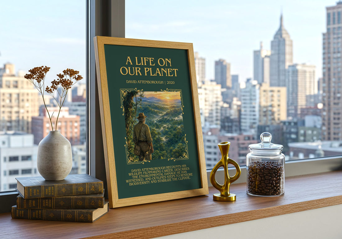 A Life on Our Planet Minimalist Book Poster by David Attenborough – framed print on a city-view windowsill