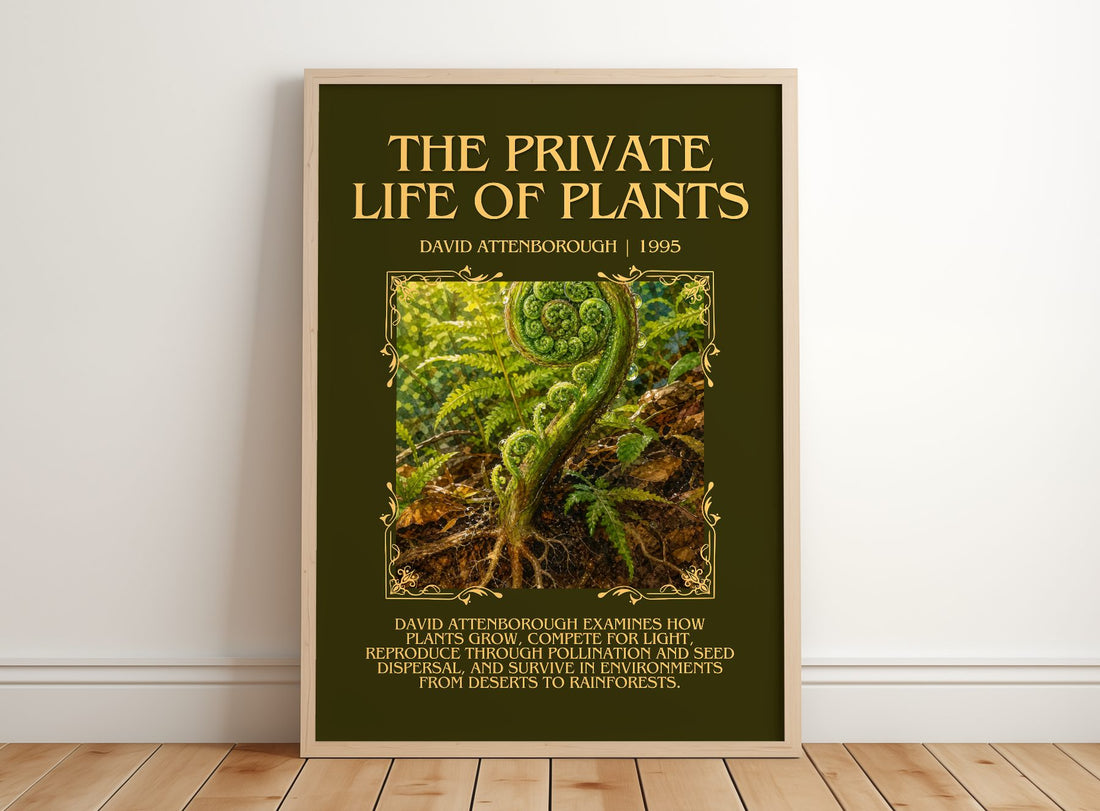 private life of plants Minimalist Book Poster by David Attenborough – framed print leaning on a wooden floor