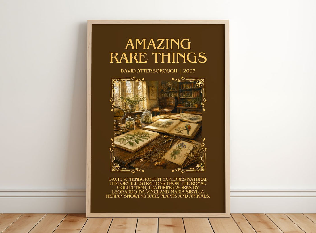Amazing rare things Minimalist Book Poster by David Attenborough – framed print leaning on a wooden floor