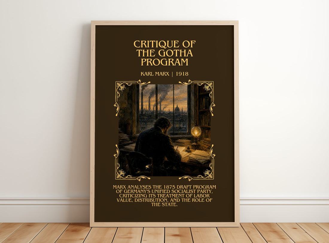 Critique of the Gotha program Minimalist Book Poster by Karl Marx – framed print leaning on a wooden floor