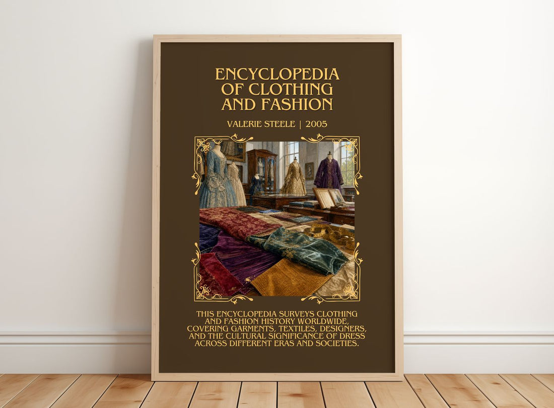 Encyclopedia of clothing and fashion Minimalist Book Poster by Valerie Steele – framed print leaning on a wooden floor