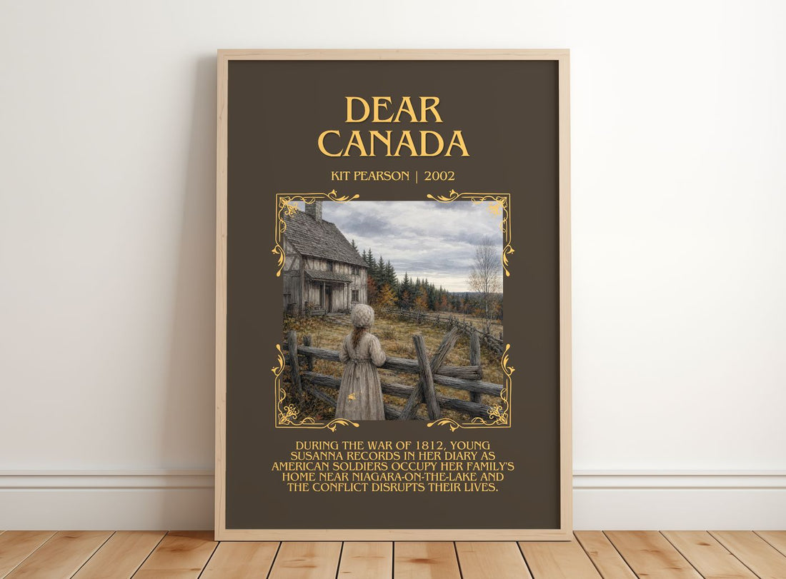 Dear Canada Minimalist Book Poster by Kit Pearson – framed print leaning on a wooden floor