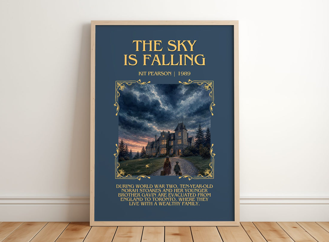 The sky is falling Minimalist Book Poster by Kit Pearson – framed print leaning on a wooden floor
