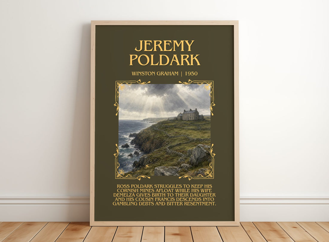 Jeremy Poldark Minimalist Book Poster by Winston Graham – framed print leaning on a wooden floor