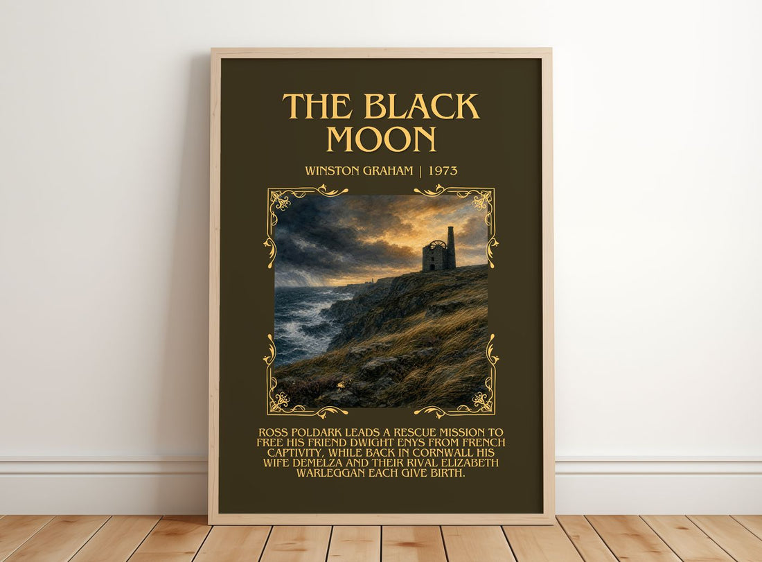 The black moon Minimalist Book Poster by Winston Graham – framed print leaning on a wooden floor