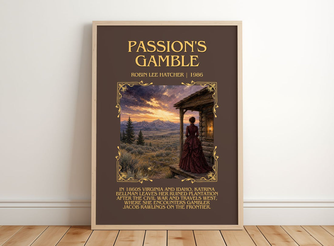 Passion's gamble Minimalist Book Poster by Robin Lee Hatcher – framed print leaning on a wooden floor