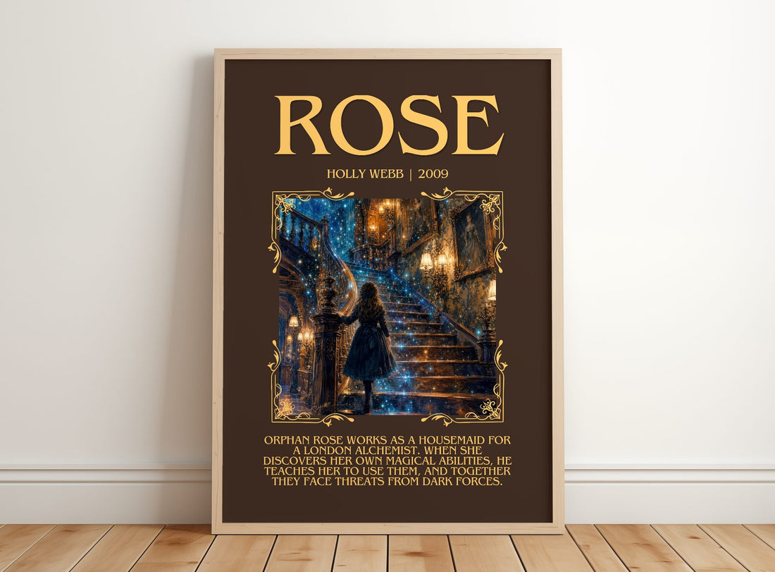 Rose Minimalist Book Poster by Holly Webb – framed print leaning on a wooden floor