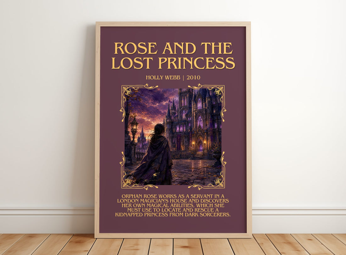 Rose And The Lost Princess Minimalist Book Poster by Holly Webb – framed print leaning on a wooden floor
