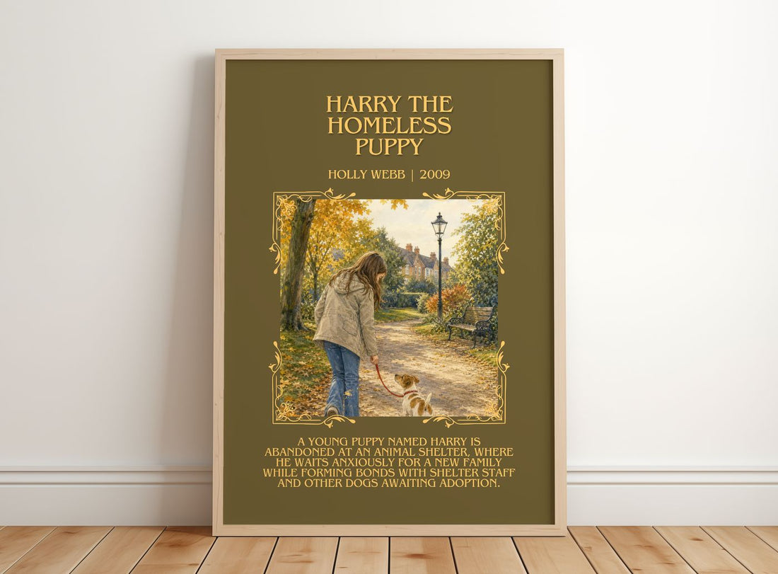 Harry the Homeless Puppy Minimalist Book Poster by Holly Webb – framed print leaning on a wooden floor