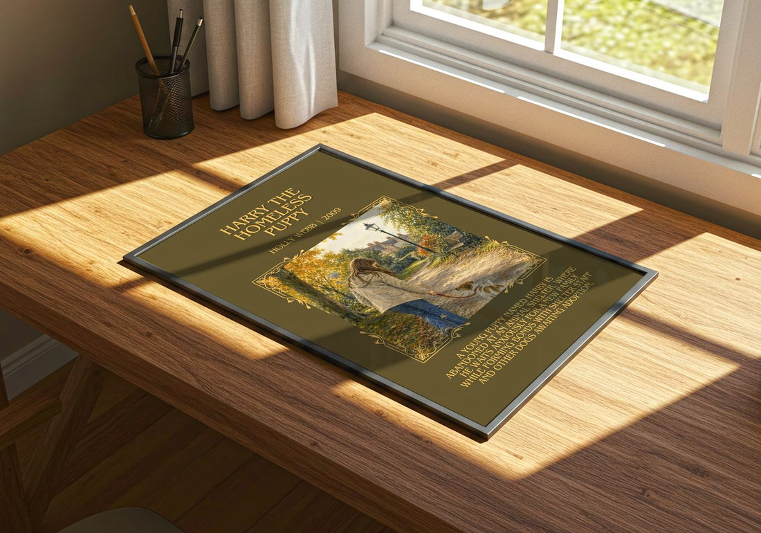 Harry the Homeless Puppy Minimalist Book Poster by Holly Webb – print on a sunlit desk