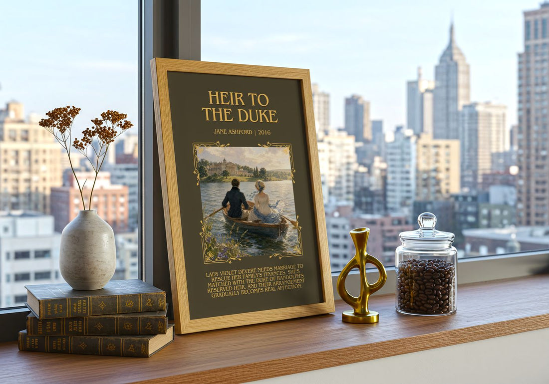 Heir to the Duke Minimalist Book Poster by Jane Ashford – framed print on a city-view windowsill