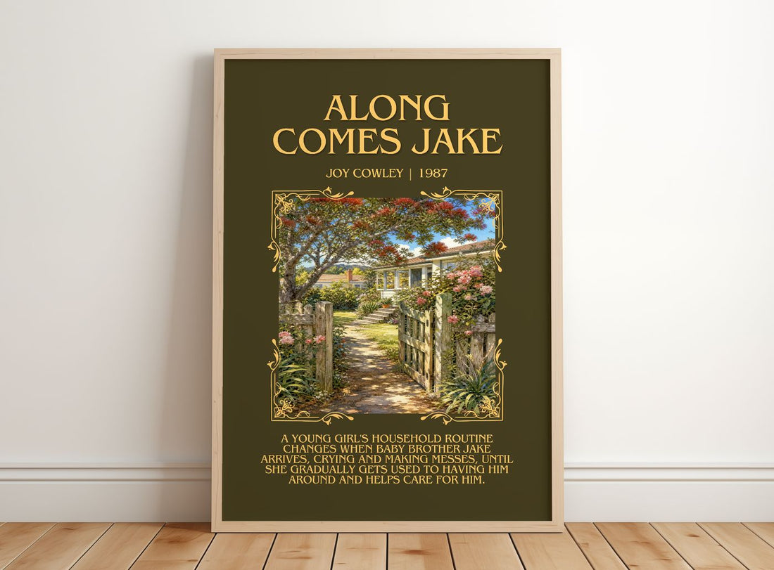 Along comes Jake Minimalist Book Poster by Joy Cowley – framed print leaning on a wooden floor