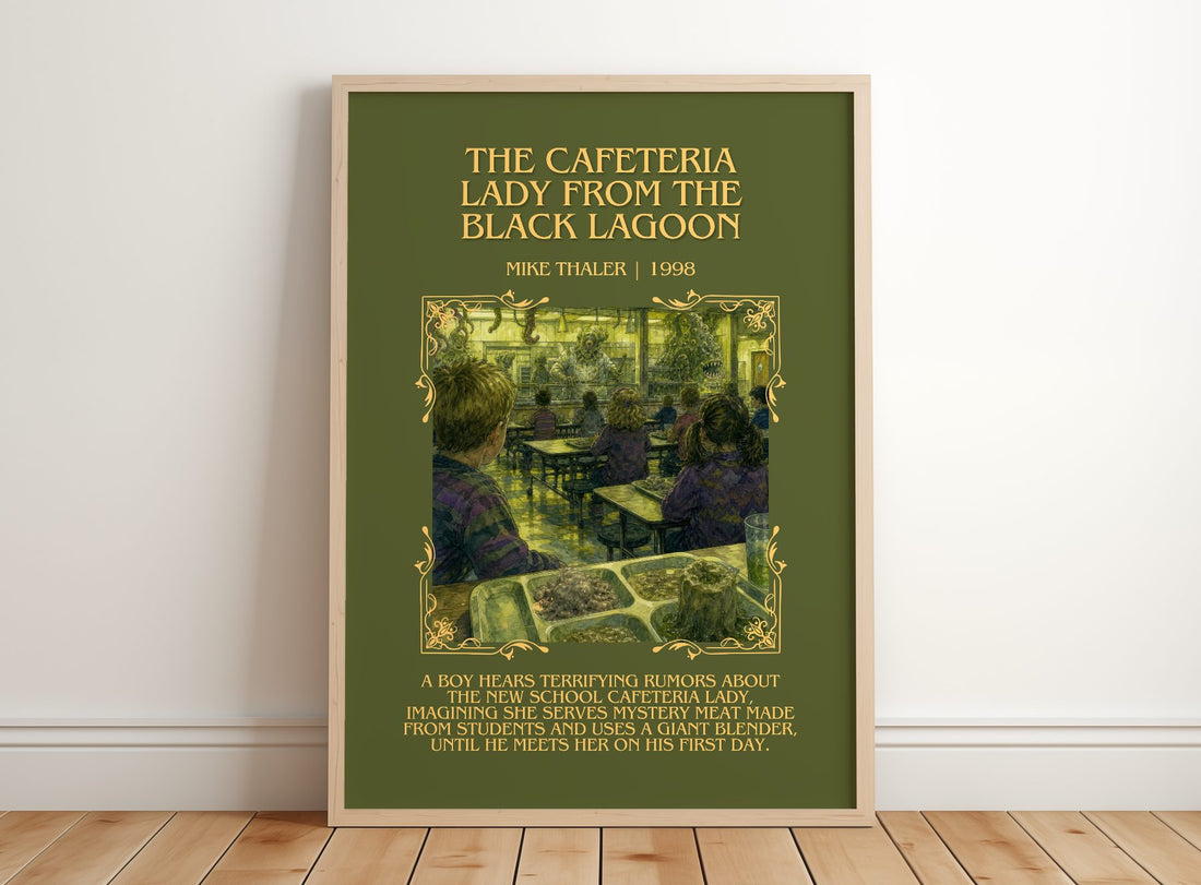 The cafeteria lady from the black lagoon Minimalist Book Poster by Mike Thaler – framed print leaning on a wooden floor