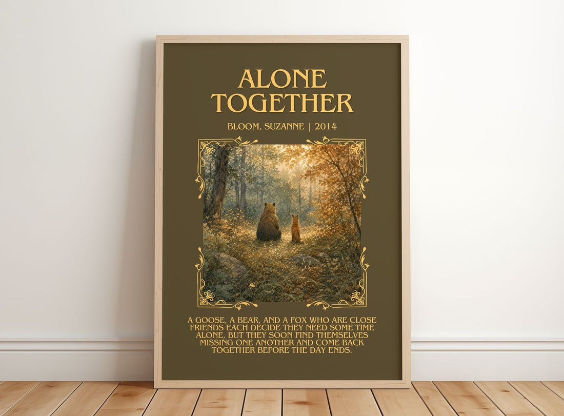 Alone together Minimalist Book Poster by Bloom, Suzanne – framed print leaning on a wooden floor