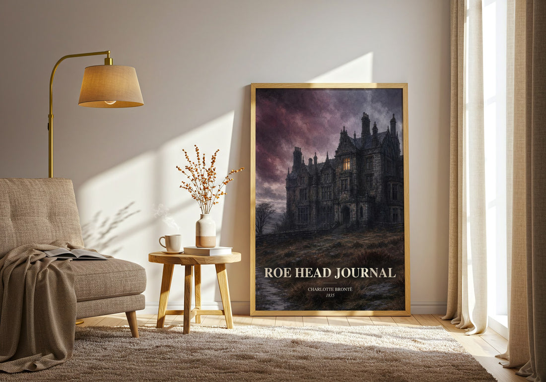 Roe Head Journal watercolour print in frame leaning in hallway – memoir wall art (mockup)