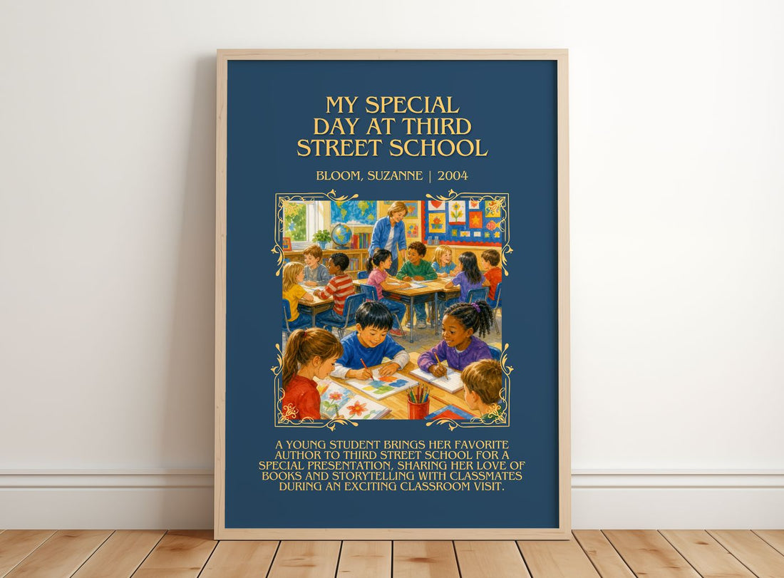 My Special Day at Third Street School Minimalist Book Poster by Bloom, Suzanne – framed print leaning on a wooden floor