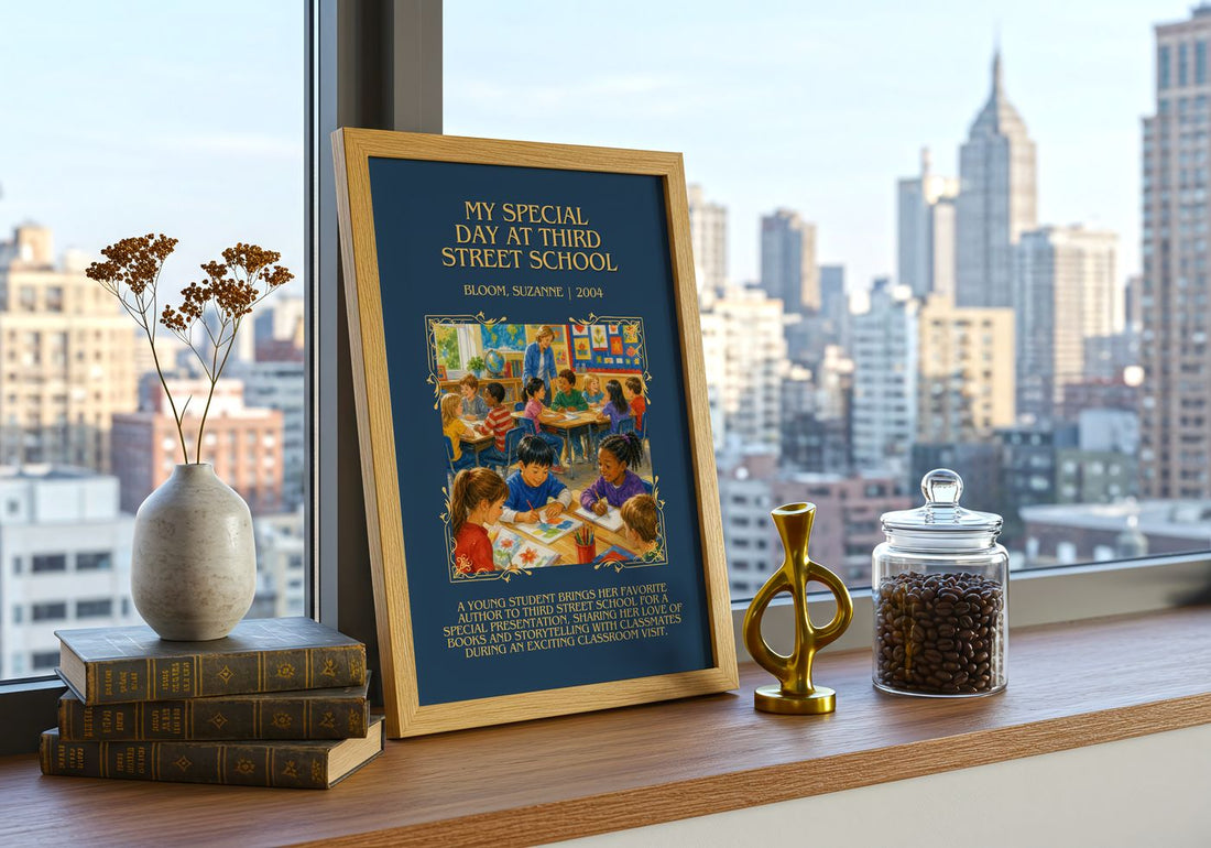 My Special Day at Third Street School Minimalist Book Poster by Bloom, Suzanne – framed print on a city-view windowsill