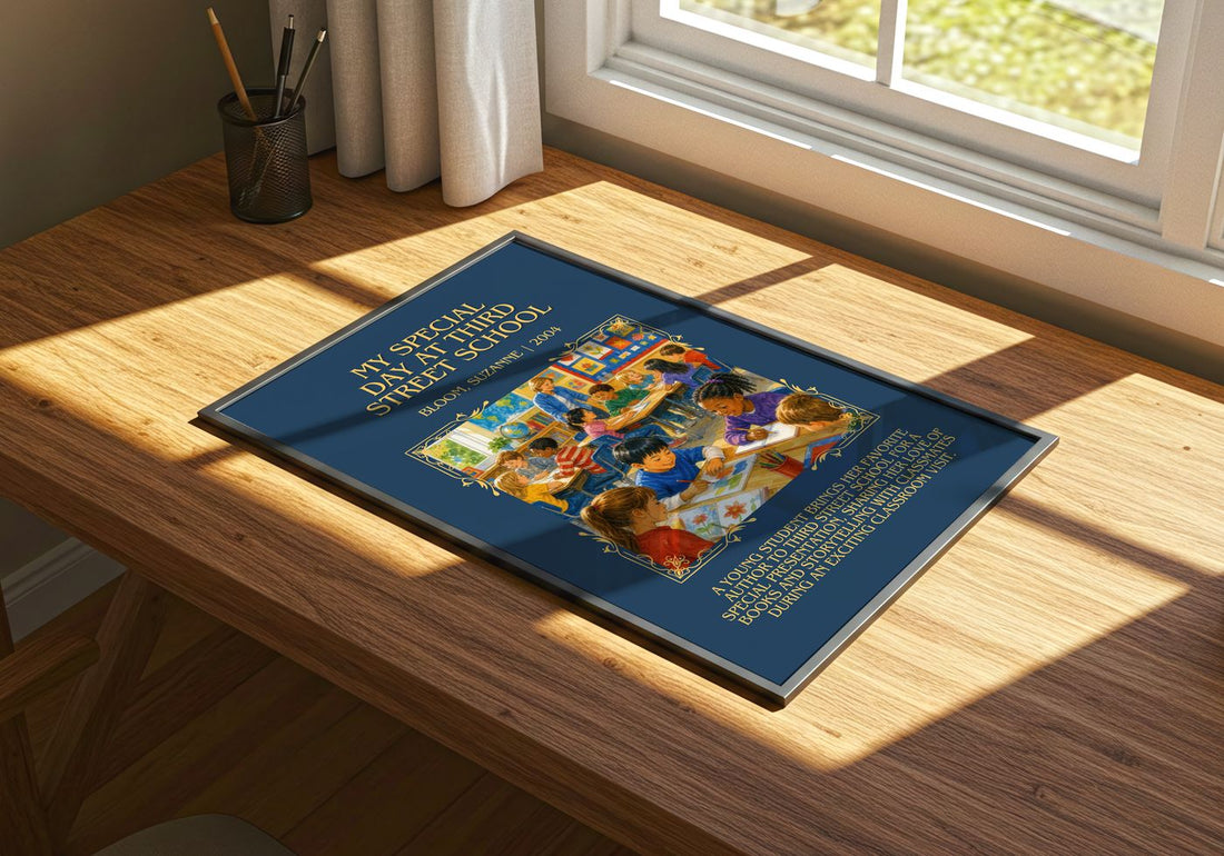 My Special Day at Third Street School Minimalist Book Poster by Bloom, Suzanne – print on a sunlit desk