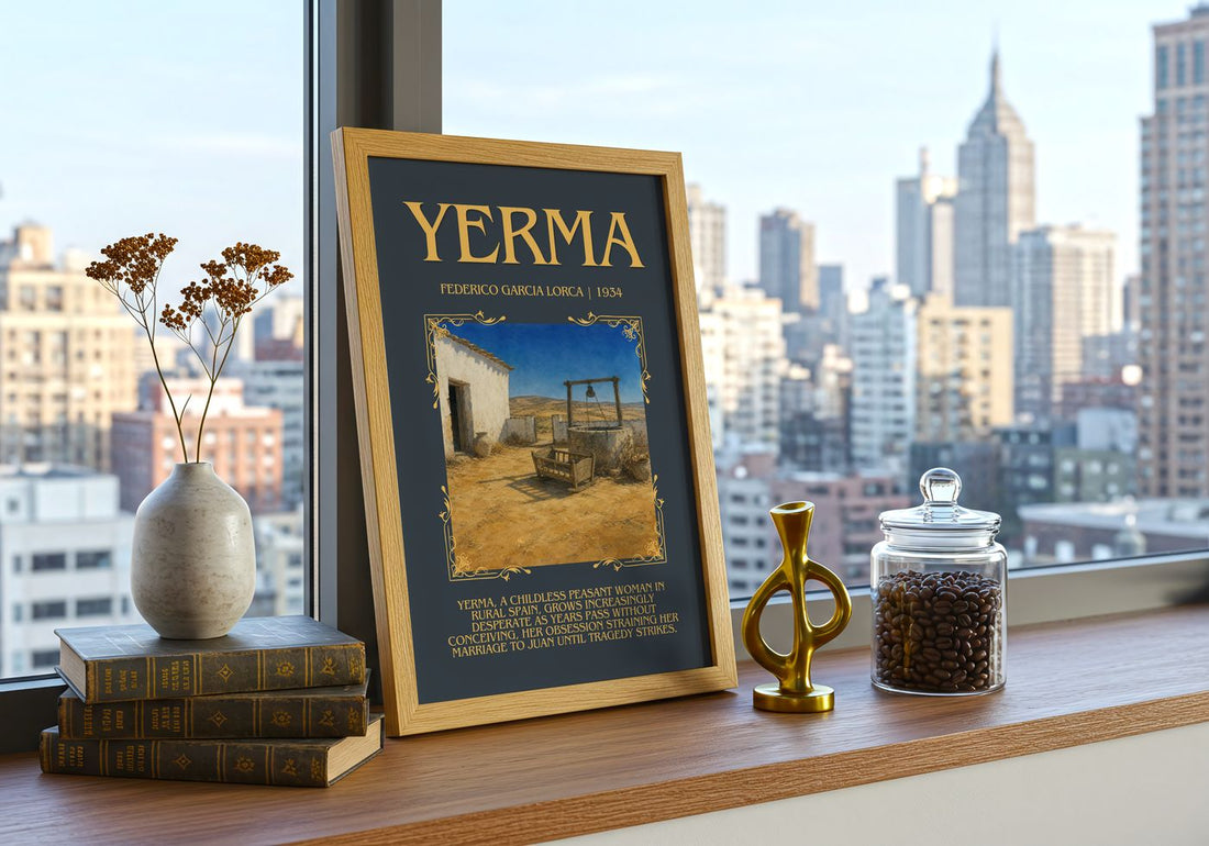 Yerma Minimalist Book Poster by Federico García Lorca – framed print on a city-view windowsill