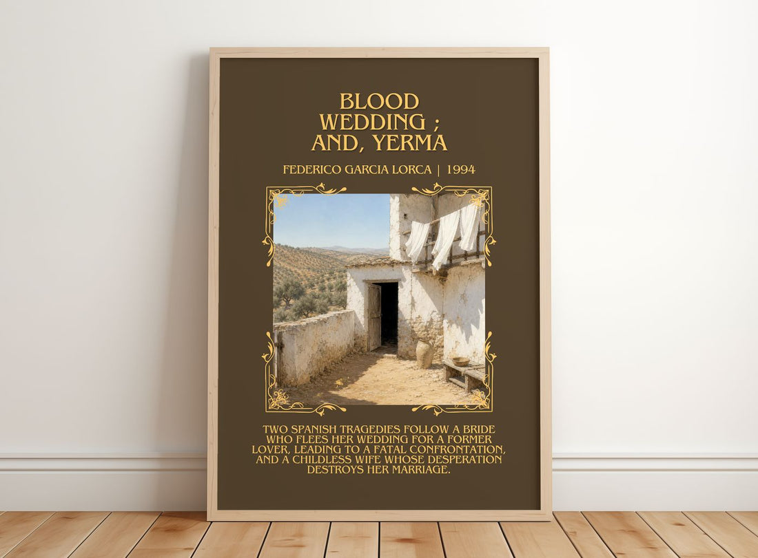 Blood wedding ; and, Yerma Minimalist Book Poster by F. Lorca – framed print leaning on a wooden floor